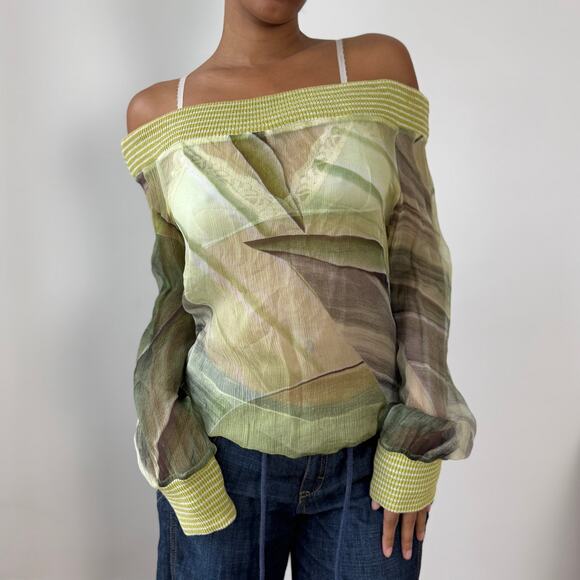 Vintage Italian 100% Silk Off-Shoulder Smocked Top (Medium) - Picture 1 of 8